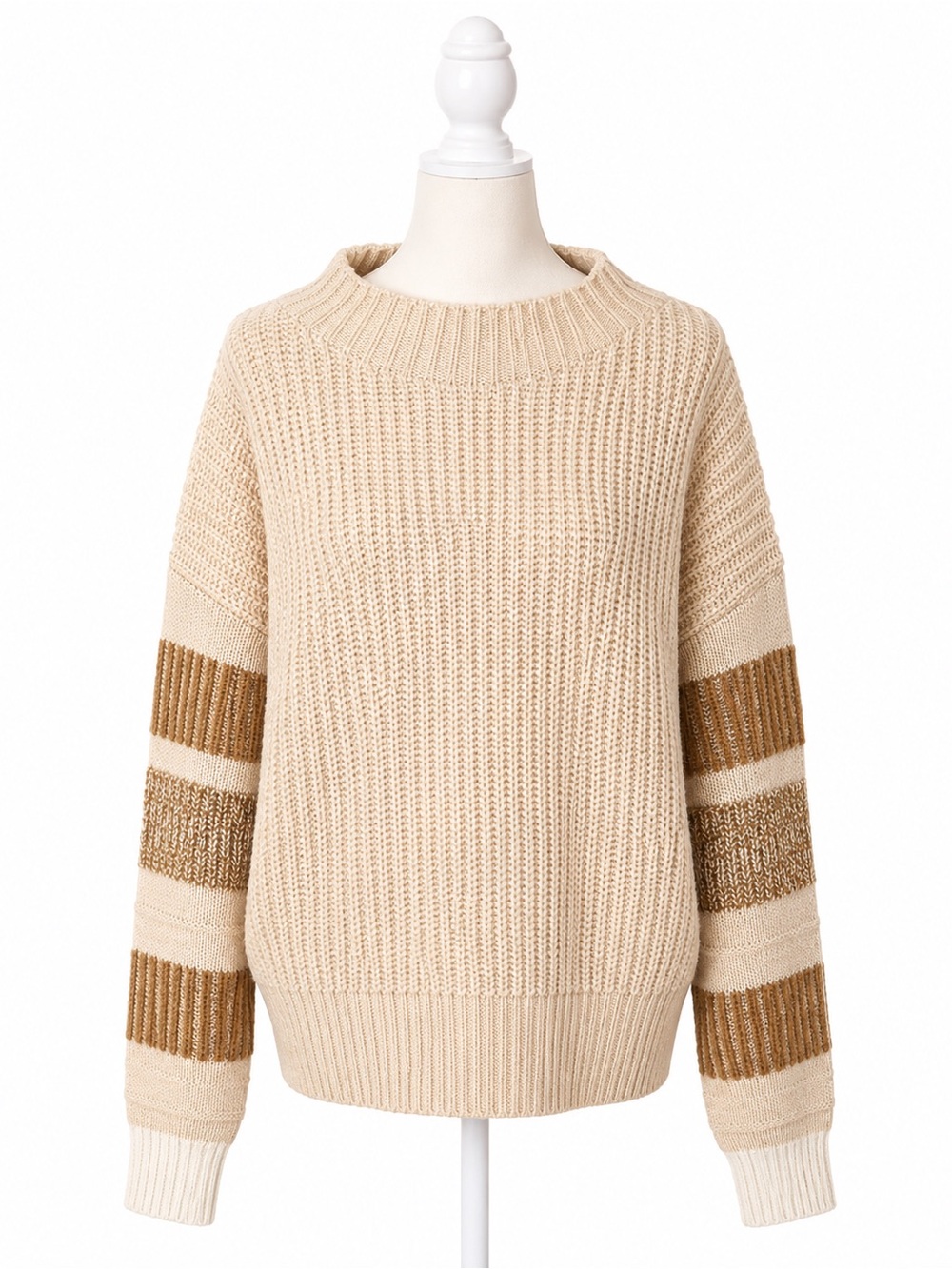 Topshop Chunky Knit Sweater Womens US 12 Beige Stripe Sleeve Oversized Cozy